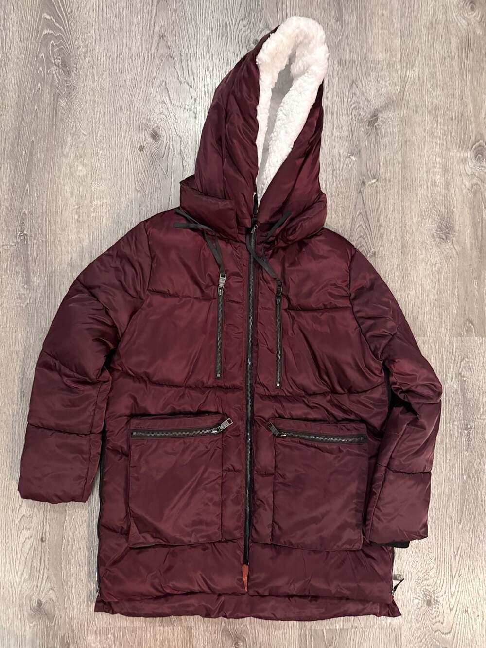 Steve Madden Women's Faux Shearling Lined Hood Puffer Parka Jacket Burgundy Size
